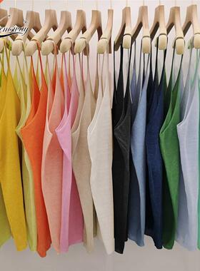 Spaghetti Strap V Neck Tank Tops Women Sleeveless Linen Thin