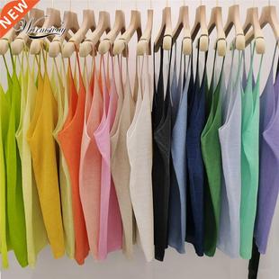 Spaghetti Strap V Neck Tank Tops Women Sleeveless Linen Thin