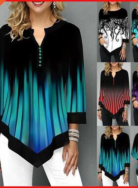 Spring Summer 3/4 Sleeve Print T-Shirts Irregular Women Clot