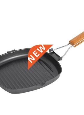 Grill Pan Foldable Portable Iron Rustproof Wooden Handle Fry