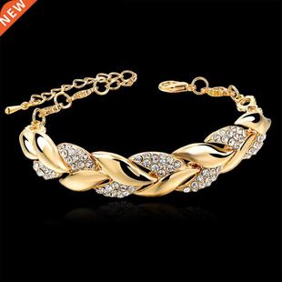Girls Women Gold Bracelet Leaves Bohemian Rhinestone Style