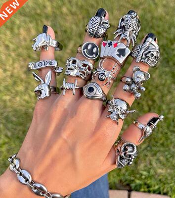 Ins Gothic Punk Heart Frog Skull Rings for Women Men Vintage
