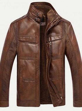 Men Jacket Long Sleeve Stand Collar Faux Leather Fleece Line