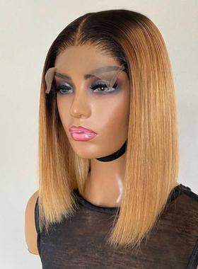 Short Ombre Bob Wig With Bby Hir Honey Brown Stright Hum