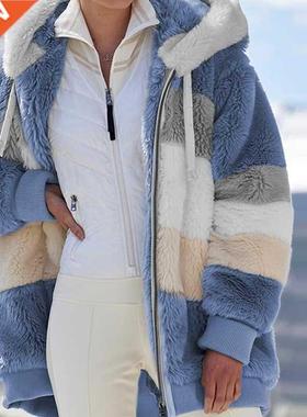 Winter Women Jacket Warm Plush Casual Loose Hooded Coat Fau