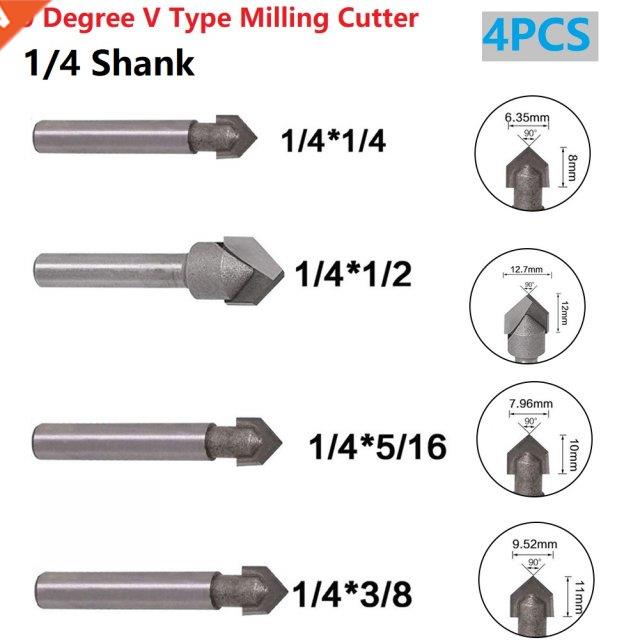 4Pcs Core Box Router Bits 1/4 Inch Shank 90 Degree V Groove