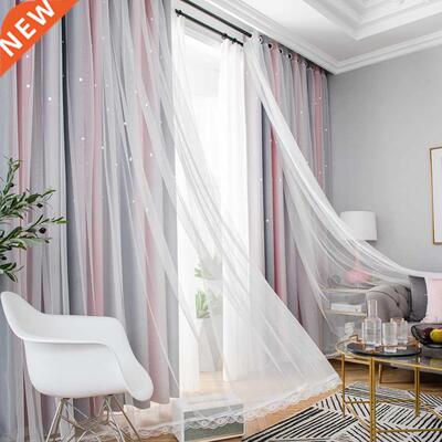 Colorful Double Layer Blackout Sheer Curtains Romantic Rainb