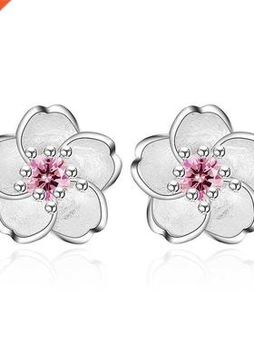 Cherry Flower Blossoms Flower Crystal Stud Earrings Silver C