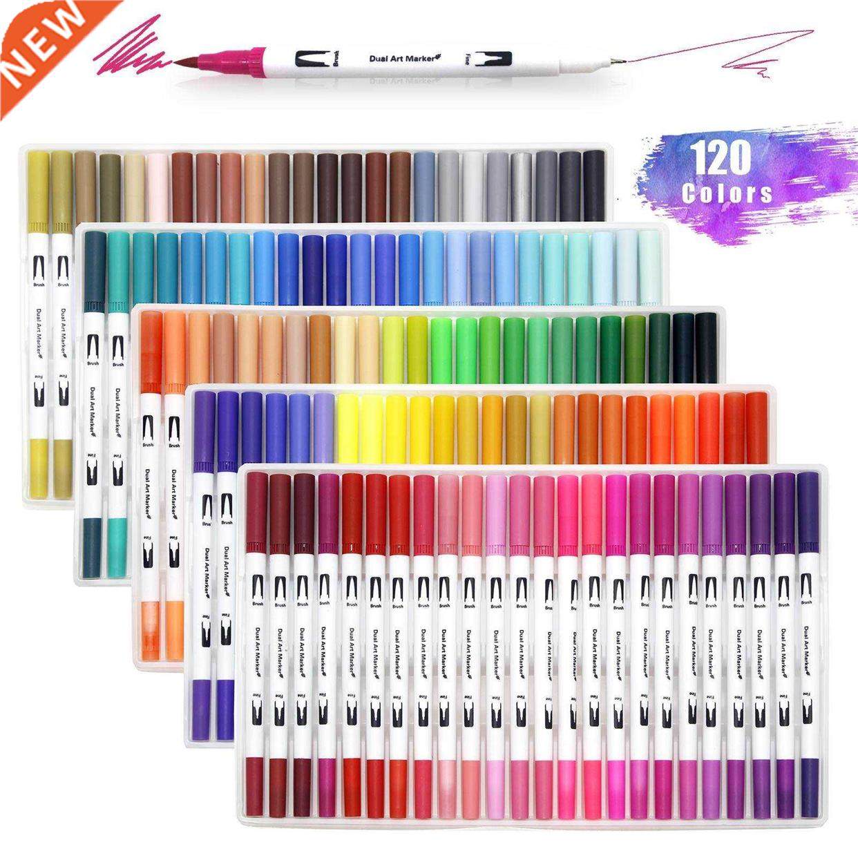 120 Colors Dual Tip Brush Marker Pens Art Watercolor Finelin