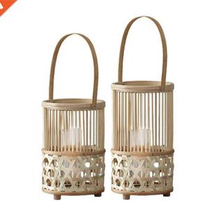 Hanging Candlestick Lantern Woven Candleholder Bamboo Retro