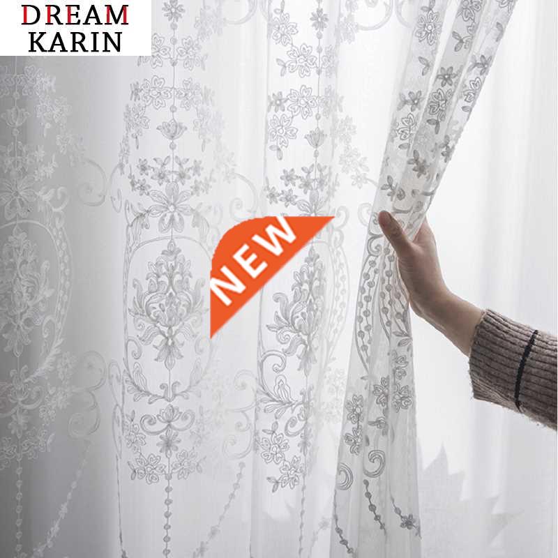 White Luxury Embroidery Screen Sheer Curtains for Living Roo
