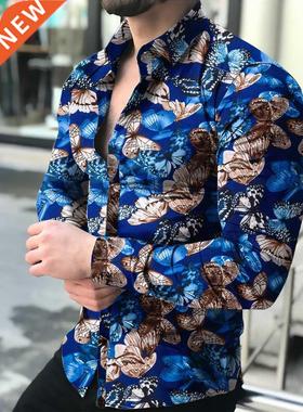 Men's utterfly print shirt, tight shirt, men's long sleeve