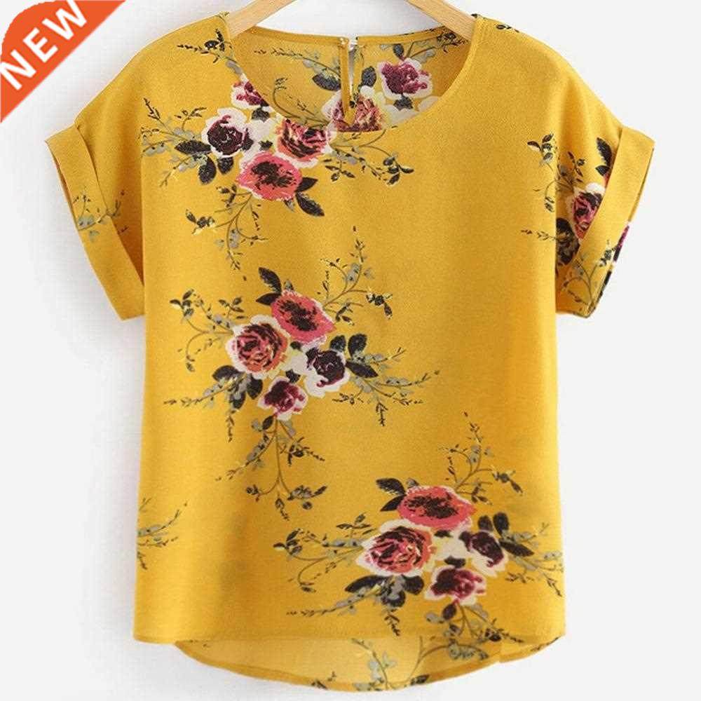 Summer Fashion Floral Print Blouse Pullover Ladies O-Neck Te