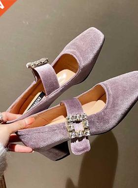 Rimocy Elegant Velvet Mary Jane Shoes for Women Crystal Buck