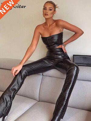 Hugcitar Sleeveless Solid Pu Leather Backless Tube Top Leggi