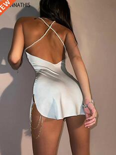 WannaThis Silk Strap Mini Dresses Backless Solid Color Criss
