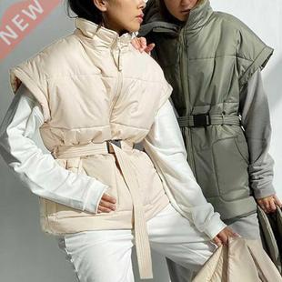 Fashion Stand Collar Vests Women Elegant Tie Belt Waist Coat