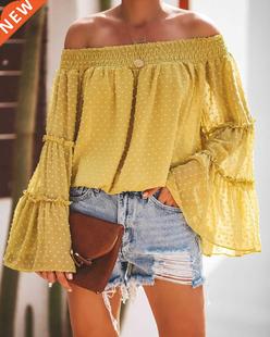 women neck 喇叭袖 top pullover sleev flared wor 2022Summer