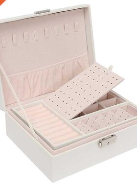 Two-Layer Leather Jewelry Box Organizer Earrings Rings Neckl