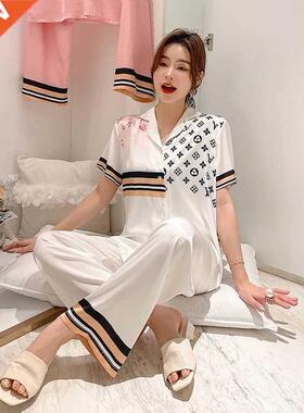 2021 new ice silk pajamas women summer short-sleeved trouser