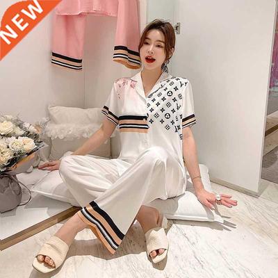 2021 new ice silk pajamas women summer short-sleeved trouser
