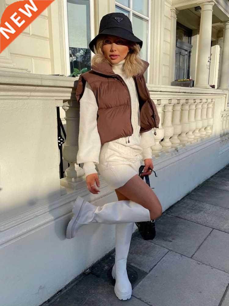 2022 Women Fashion Brown Cropped Vest Coat Female Stand Coll