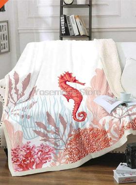 Castle Fairy Red Seahorse Print Flannel Blanket Couch Sofa C