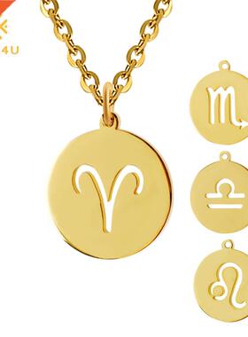 FINE4U 12 Zodiac Coin Pendant Necklace 316L Stainless Steel