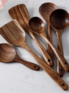 7pcs/set Teak Natural Wood Tableware Spoon Ladle Turner Rice