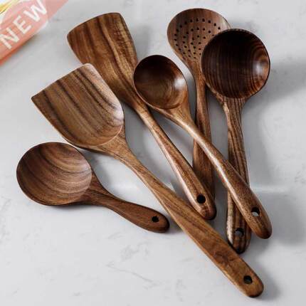 7pcs/set Teak Natural Wood Tableware Spoon Ladle Turner Rice