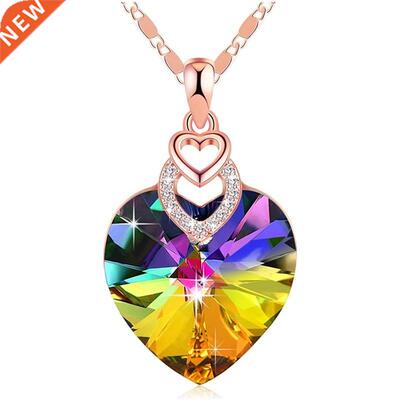 3 Heart Rose Gold Crystals Necklace for Women Girl Pendant E