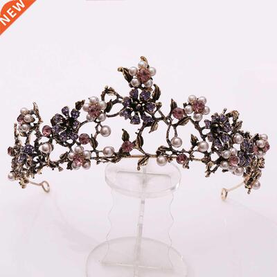 Baroque Vintage Black Purple Crystal Pearls Bridal Tiaras Cr