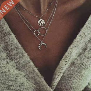 New Fashion Retro Moon World Map Circle Pendant Multilayer G