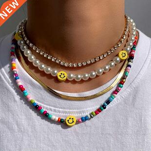 Bohemia Multilayer Smiley Pearl Rainbow Beaded Choker Neckla