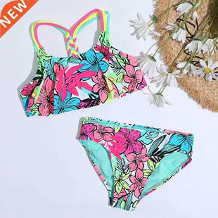 4-18 Years Flounce Girl Swimsuit Kids Tropical Floral Two Pi