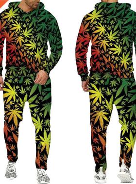 3D Print Tricolor Maple Leaves Tracksuits Men Harajuku Hoodi