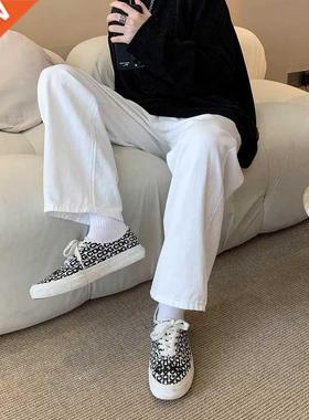 Cotton Black/Blue/White Jeans Men's Fashion Casual Wide-leg