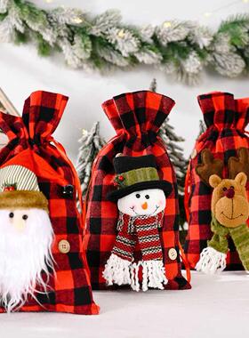 3D Santa Elk Snowman Gift Bag Plaid Flannelette Packaging Ba