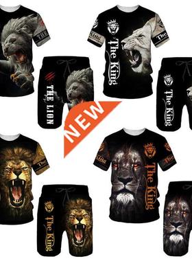 Summer 3D Printed Men's T-shirt Shorts Set Ferocious Lion Me