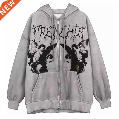 Plus Size Y2K Hoodie Zip-up Sweatshirt Angel Printing Jacket