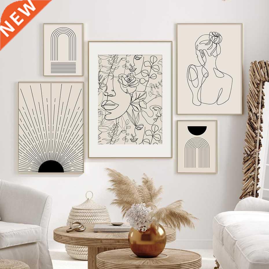 Abstract Bohemian Line Woman Faces Flowers Mid Century Poste