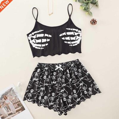 Women Summer Skeleton Skull Camisole Shorts Pajama Sets Fema