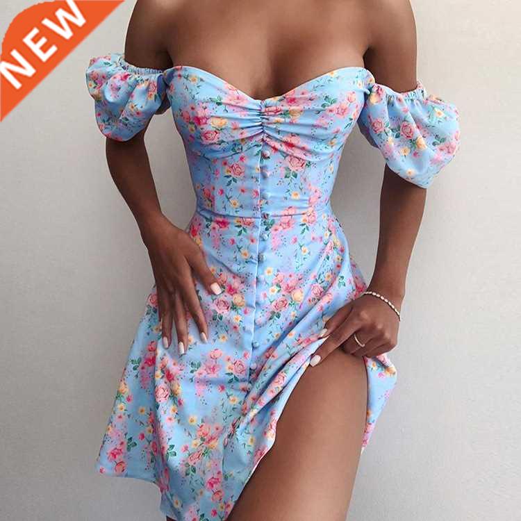 French Floral Neck Waist Puff Sleeve Skirt高腰显瘦抹胸连衣裙