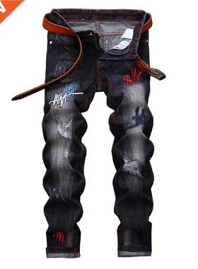 Men Straight lack Emroidered Jeans Fashion Designer Casual
