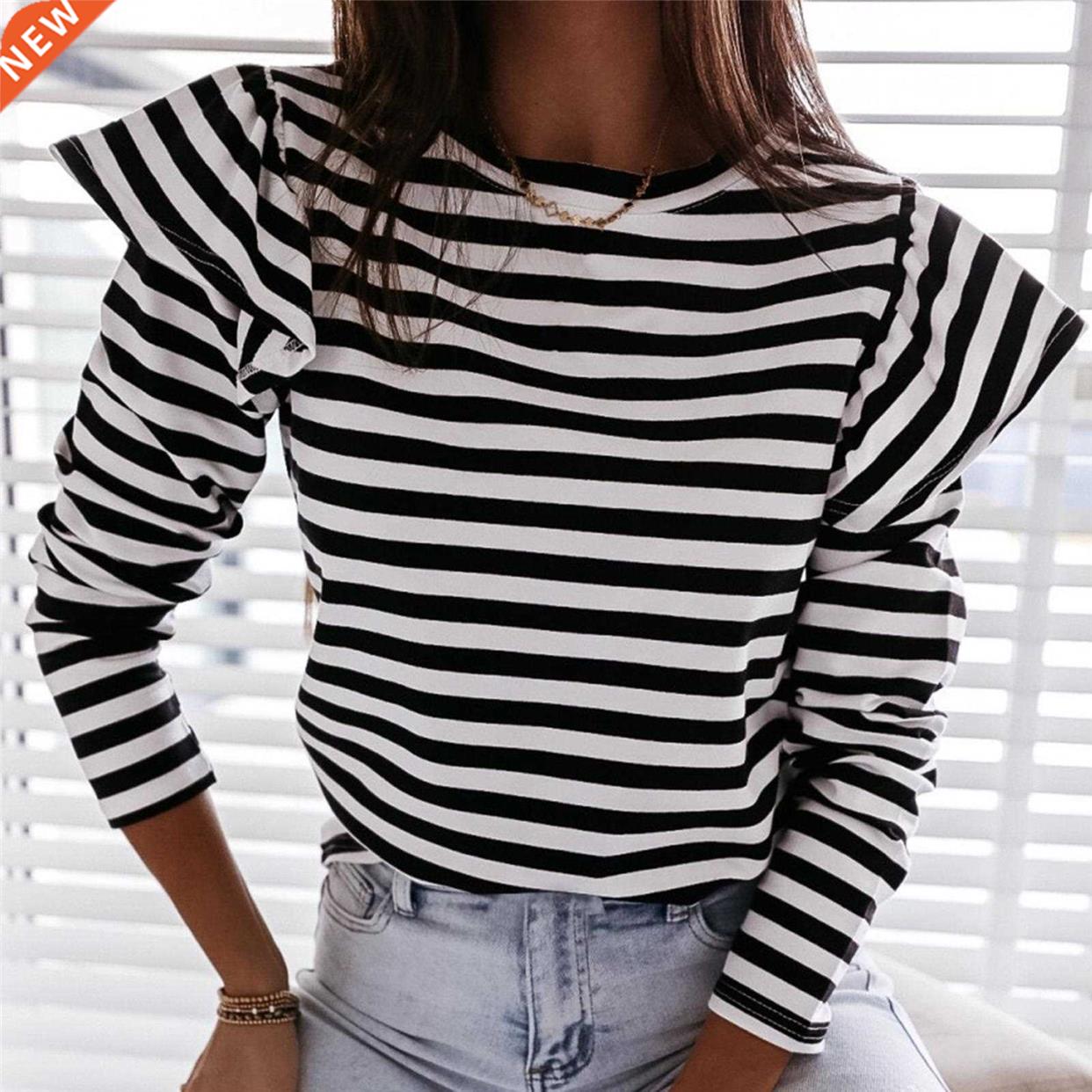 Elegant Shirt Office Lady Women Fashion Autumn Striped Ruffl