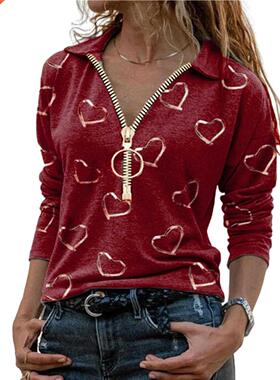 Women Blouse Casual Zipper V Neck Heart Print Cotton Blends