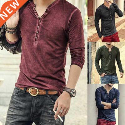 Men Tee Shirt V-neck Long Sleeve Tee&Tops Stylish Slim B