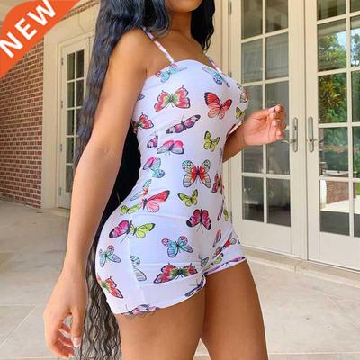 2022 Fashion Butterfly Print Playsuit Romper Women Sleeveles