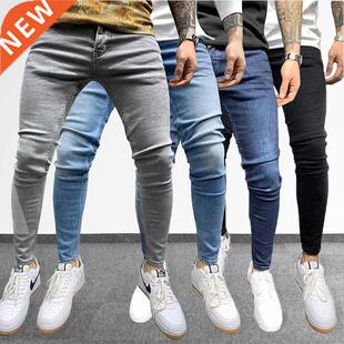 Grey Pure Color Jeans Men Elastic Waist Skinny Jeans Men 202