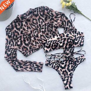 Long Sleeve Leopard 3 Piece Swimsuit High Cut Push Up Padde
